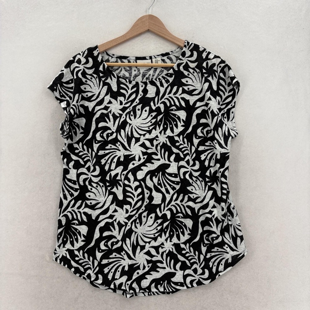 Rachel Zoe Shirt Womens XL Black White Linen Tropical Floral Cap Sleeve Tee